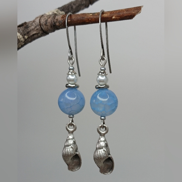 HAND CRAFTED Coastal Shell Earrings Blue Agate Pearl Silver Boho Beach Gift - Picture 5 of 6